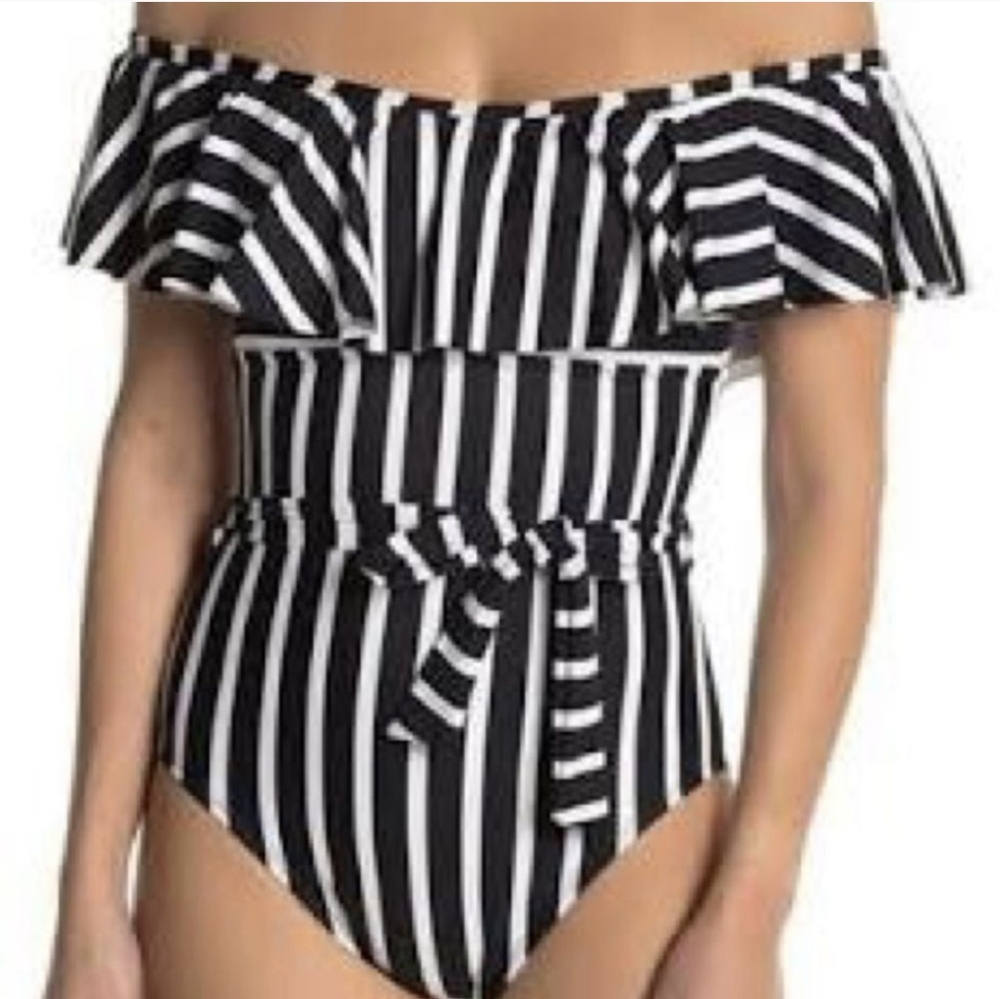 NWOT Athena Black and White Striped Off the Shoulder One Piece Swimsuit